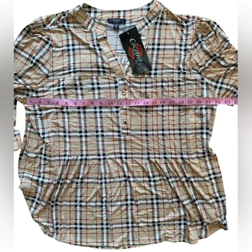 COCOMO 2X Beige Red Black Studded Plus Size 3/4 sleeve women’s Pintuck B… - Picture 8 of 10